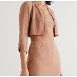 REFORMATION Recycled Knit Ruched 3/4 Sleeve Button Up